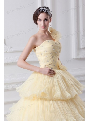 Beautiful A-line One Shoulder Beading and Ruffled Layers Quinceanera Dress in Light Yellow