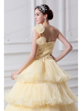 Beautiful A-line One Shoulder Beading and Ruffled Layers Quinceanera Dress in Light Yellow