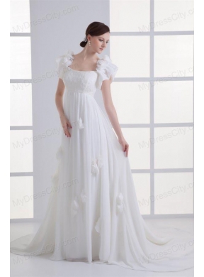 Beautiful Empire Square Court Train Wedding Dress with Flowers