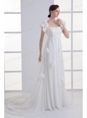 Beautiful Empire Square Court Train Wedding Dress with Flowers