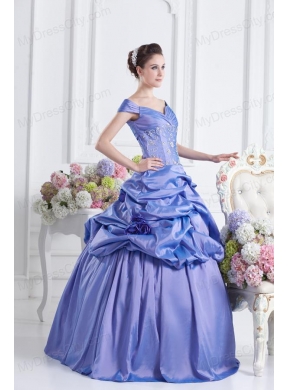 Blue Off The Shoulder Pick-ups Purple Quinceanera Dress with Beading