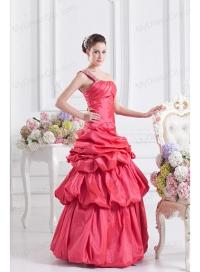 Cheap Coral Red One Shoulder Beading Ball Gown Quinceanera Dress with Pick Ups