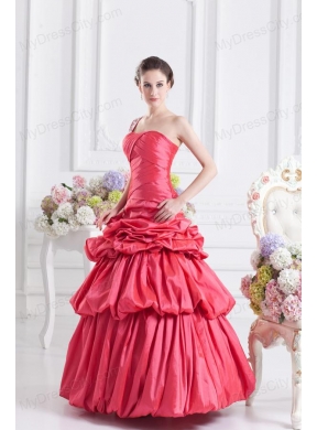 Cheap Coral Red One Shoulder Beading Ball Gown Quinceanera Dress with Pick Ups