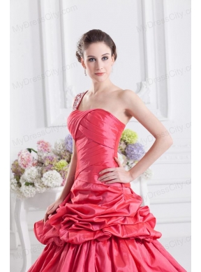 Cheap Coral Red One Shoulder Beading Ball Gown Quinceanera Dress with Pick Ups