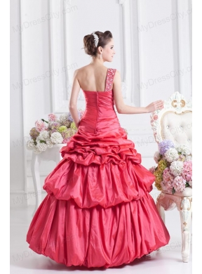 Cheap Coral Red One Shoulder Beading Ball Gown Quinceanera Dress with Pick Ups