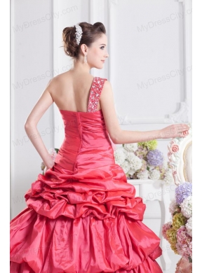 Cheap Coral Red One Shoulder Beading Ball Gown Quinceanera Dress with Pick Ups