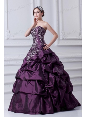 Cheap Eggplant Purple Sweetheart Embroidery and Pick-ups Quinceanera Dress