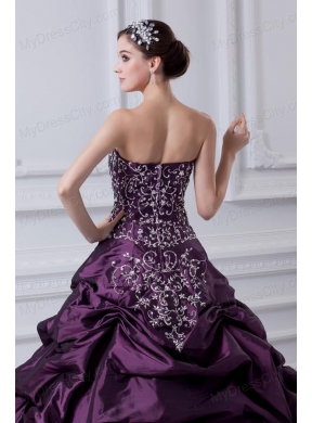 Cheap Eggplant Purple Sweetheart Embroidery and Pick-ups Quinceanera Dress