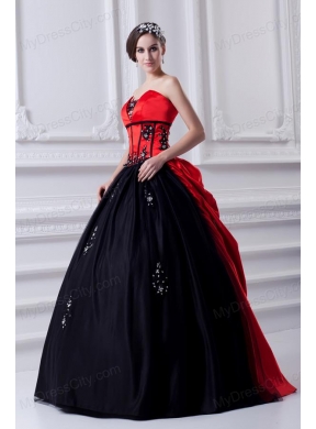 Cheap Strapless Appliques Pick-ups Black and Red Quinceanera Dress with Brush Train