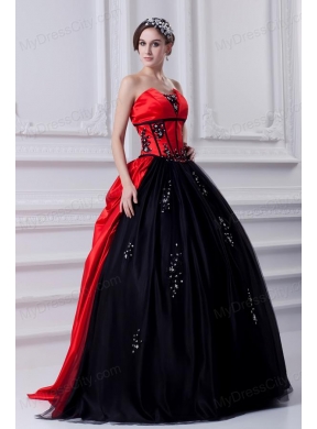 Cheap Strapless Appliques Pick-ups Black and Red Quinceanera Dress with Brush Train