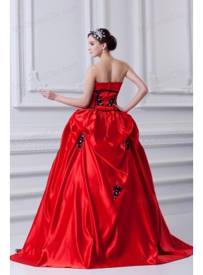 Cheap Strapless Appliques Pick-ups Black and Red Quinceanera Dress with Brush Train