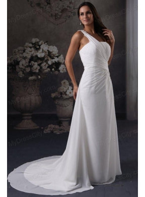 Column One Shoulder Ruching Court Train Chiffon Wedding Dress