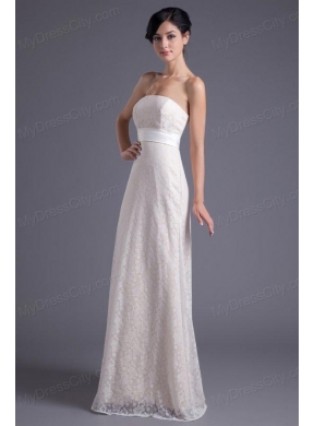 Column Strapless White Lace Belt Floor-length Wedding Dress