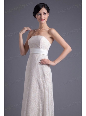 Column Strapless White Lace Belt Floor-length Wedding Dress