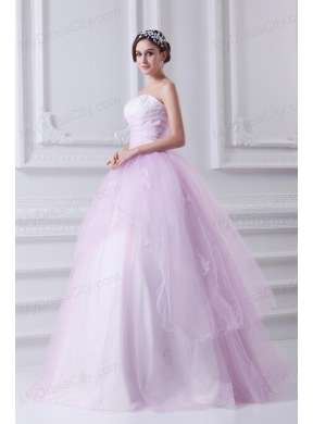 Cute Ball Gown Strapless Beading and Appliques Tulle Baby Pink Quinceanera Dress