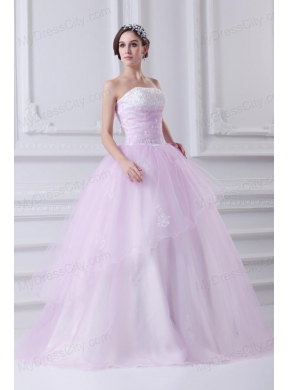 Cute Ball Gown Strapless Beading and Appliques Tulle Baby Pink Quinceanera Dress