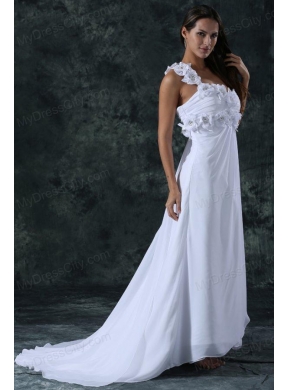 Empire One Shoulder Brush Train Hand Made Flower Zipper Up Chiffon Wedding Dress