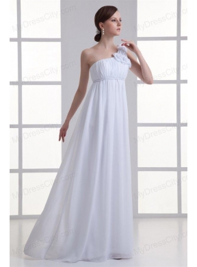 Empire One Shoulder Hand Made Flowers Ruching Chiffon Wedding Dress