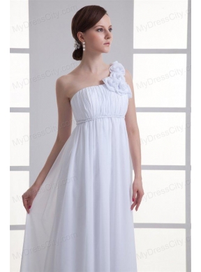 Empire One Shoulder Hand Made Flowers Ruching Chiffon Wedding Dress