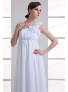 Empire One Shoulder Hand Made Flowers Ruching Chiffon Wedding Dress