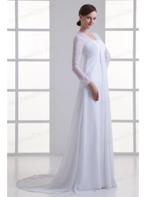 Empire Square Long Sleeves Brush Train Chiffon Wedding Dress