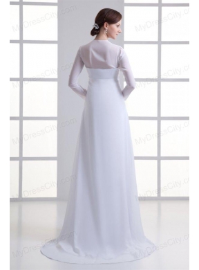 Empire Square Long Sleeves Brush Train Chiffon Wedding Dress