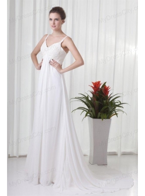 Empire Straps Appliques Chiffon Brush Train  Wedding Dress