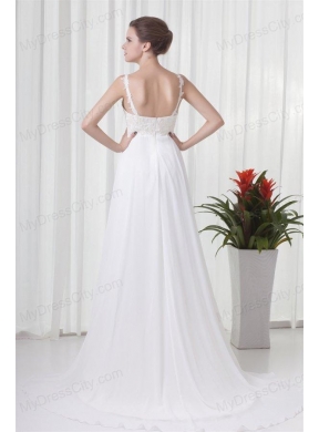 Empire Straps Appliques Chiffon Brush Train  Wedding Dress