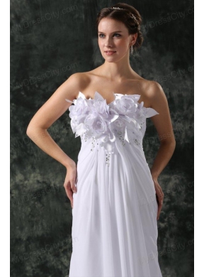 Empire Sweetheart Court Train Beading and Hand Made Flower Chiffon Wedding Dress