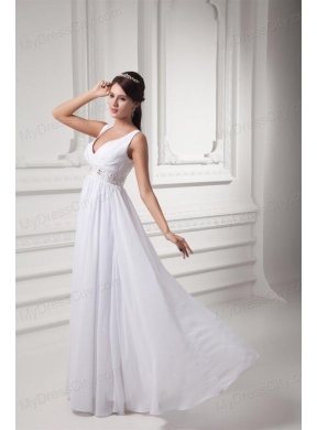 Empire V-neck Beading and Ruching Chiffon Long Wedding Dress