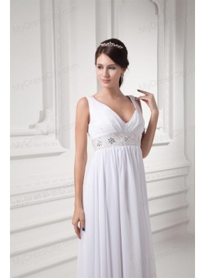 Empire V-neck Beading and Ruching Chiffon Long Wedding Dress