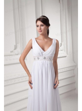 Empire V-neck Beading and Ruching Chiffon Long Wedding Dress