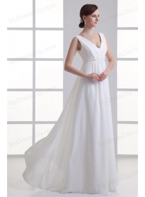 Empire V-neck Beading and Ruching Chiffon Wedding Dress