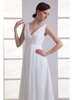 Empire V-neck Beading and Ruching Chiffon Wedding Dress