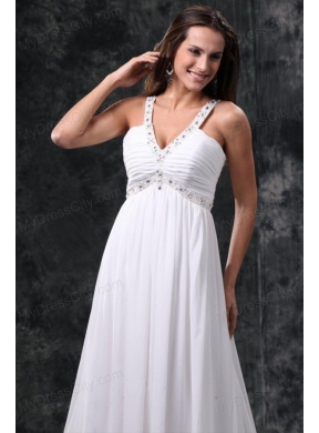 Empire V-Neck Beading and Ruching Zipper Up Chiffon Wedding Dress