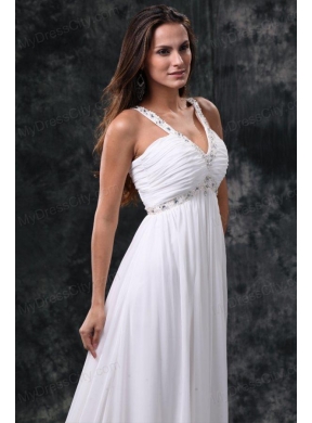 Empire V-Neck Beading and Ruching Zipper Up Chiffon Wedding Dress