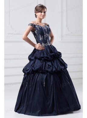 Off The Shoulder Taffeta Navy Blue Quinceanera Dress with Appliques