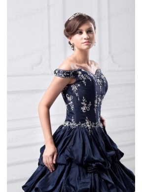 Off The Shoulder Taffeta Navy Blue Quinceanera Dress with Appliques