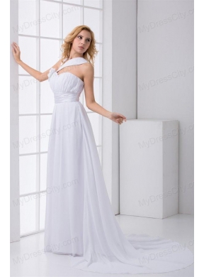 Pretty Empire Asymmetrical Neck Court Train Wedding Dress with Flower