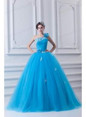 Princess One Shoulder Appliques Sky Blue 2014 Quinceanera Dress