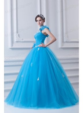 Princess One Shoulder Appliques Sky Blue 2014 Quinceanera Dress