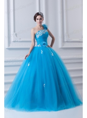 Princess One Shoulder Appliques Sky Blue 2014 Quinceanera Dress