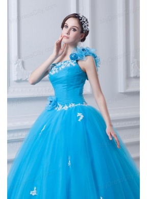 Princess One Shoulder Appliques Sky Blue 2014 Quinceanera Dress