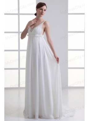 Sexy Empire V-neck Wedding Dress with Beading Brush Train