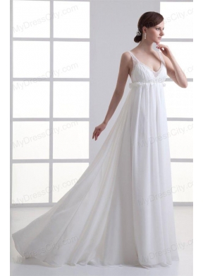 Sexy Empire V-neck Wedding Dress with Beading Brush Train