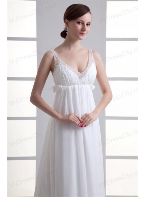 Sexy Empire V-neck Wedding Dress with Beading Brush Train