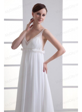 Sexy Empire V-neck Wedding Dress with Beading Brush Train