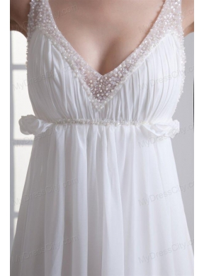 Sexy Empire V-neck Wedding Dress with Beading Brush Train