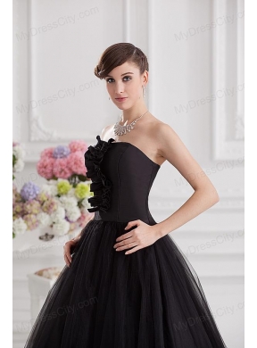 Simple A-line Strapless Tulle Black Quinceanera Dress with Ruffle