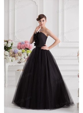 Simple A-line Strapless Tulle Black Quinceanera Dress with Ruffle